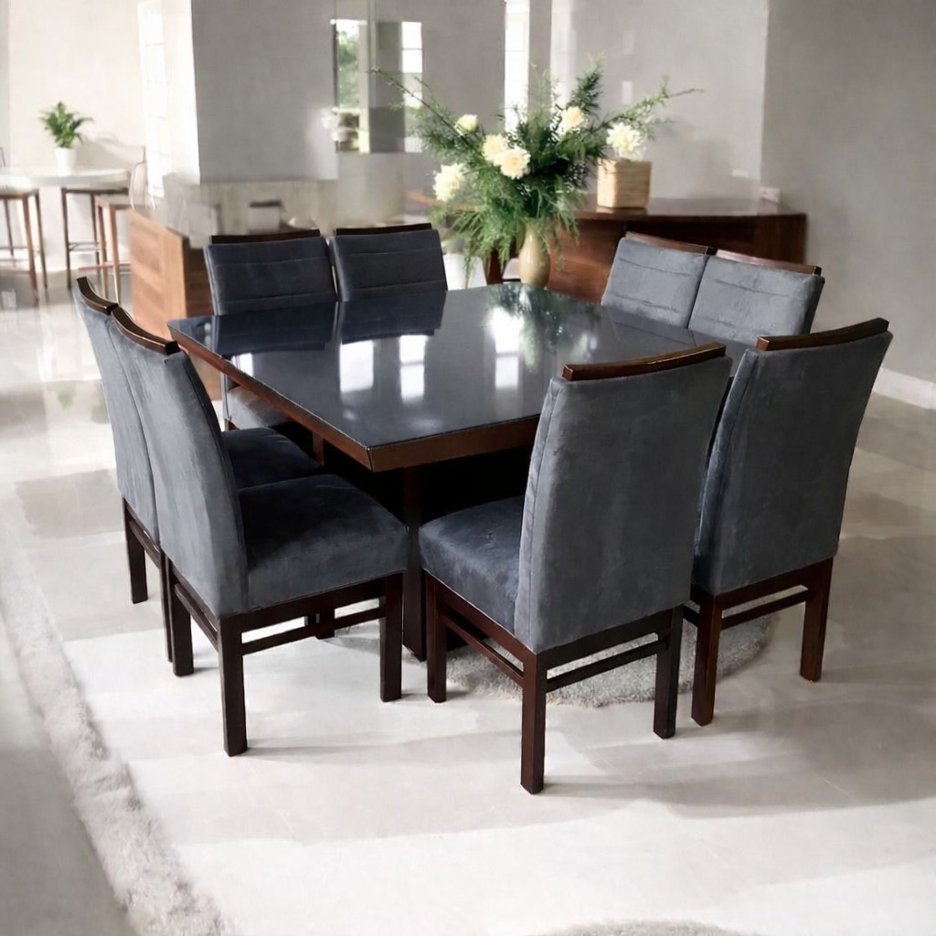 Mesa Vidro Quad. 1,37x1,37 c/ Borda c/ Pé Central SLIM c/ 8 Cad. Capri